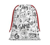 Monochrome Sketch Style Gaming Print Christmas Drawstring Gift Bags, Xmas Holiday Fabric Gift Wrapping Bag For Party, Size-L