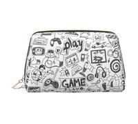 Monochrome Sketch Style Gaming Print Premium Leather Toiletry Travel Pouch with Waterproof Portable Pouch Open Flat Makeup Bag