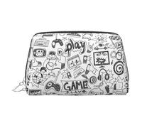 Monochrome Sketch Style Gaming Print Premium Leather Toiletry Travel Pouch with Waterproof Portable Pouch Open Flat Makeup Bag