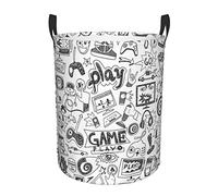 Monochrome Sketch Style Gaming Print Round Laundry Basket With Handles Waterproof Laundry Hamper For Bathroom Circular Storage Basket