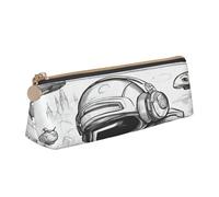 Monochrome Sketch Style Gaming Print Triangle Leather Stationery Storage Bag,Zipper Pen Case for Pencils,Pens,Makeup