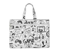 Monochrome Sketch Style Gaming Print Unisex Canvas Tote File Bag Large Capacity Office Travel Shopping Business Trips