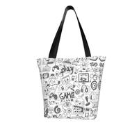 Monochrome Sketch Style Gaming Women'S Printed Tote Bag, Large Capacity Shoulder Handbag, Polyester Fabric With Foam Padding,Inner Security Pocket
