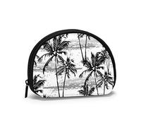 Monochrome Tropical White Palm Trees On Black Placemat Women Girls Shell Cosmetics Makeup Storage Bag Coins Outdoor Shopping Wallet Organizer