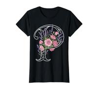 Monogram Initial Letter P Pink Roses Lavender Purple Flowers Value Graphic T-Shirt, Women, Black, L