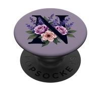 monogram initial name letter N purple roses lavender flowers PopSockets Swappable PopGrip