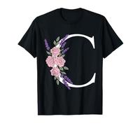 Monogram Initial White Letter C Purple Flowers Pink Roses T-Shirt