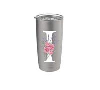 Monogram Initial White Letter I Pink Roses Purple sprigs Stainless Steel Insulated Tumbler