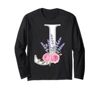 Monogram Initial White Letter J Pink Roses Purple sprigs Long Sleeve T-Shirt