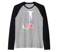 Monogram Initial White Letter J Pink Roses Purple sprigs Raglan Baseball Tee