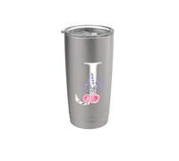 Monogram Initial White Letter J Pink Roses Purple sprigs Stainless Steel Insulated Tumbler