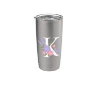 Monogram Initial White Letter K Pink Roses Purple sprigs Stainless Steel Insulated Tumbler