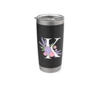 Monogram Initial White Letter K Pink Roses Purple sprigs Stainless Steel Insulated Tumbler