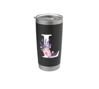 Monogram Initial White Letter L Pink Roses Purple sprigs Stainless Steel Insulated Tumbler