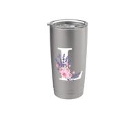 Monogram Initial White Letter L Pink Roses Purple sprigs Stainless Steel Insulated Tumbler