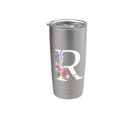 Monogram Initial White Letter R Pink Roses Purple sprigs Stainless Steel Insulated Tumbler