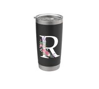 Monogram Initial White Letter R Pink Roses Purple sprigs Stainless Steel Insulated Tumbler