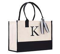 Monogram Tote Bag with 100% Cotton Canvas and a Chic Personalized Monogram (Black Block Letter - K)