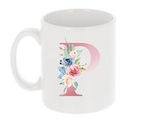 Monogrammed Floral Letter P Ceramic 11 Oz Personalised Mug Pink, Custom Initial Mugs for Women, Bridesmaids, Mums, Birthdays - Stylish Large coffee cup, Tea, Hot Chocolate, Office or Home Use