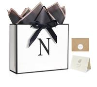 Monogrammed Gift Wrap Bag Personalized Initial Paper Bag with Card Matching Envelope Sticker,Bow Ribbon and Wrapping Tissue Birthday Gifts for Women Men (White, N)