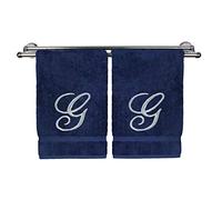 Monogrammed Hand Towel, Personalized Gift, 16 x 30 Inches - Set of 2 - Silver Embroidered Towel - Extra Absorbent 100% Turkish Cotton- Soft Terry Finish - for Bathroom, Kitchen and Spa- Script G Navy