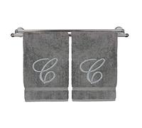 Monogrammed Hand Towel, Personalized Gift, 16 x 30 Inches - Set of 2 - Silver Embroidered Towel - Extra Absorbent 100% Turkish Cotton- Soft Terry Finish - for Bathroom, Kitchen and Spa- Script C Gray