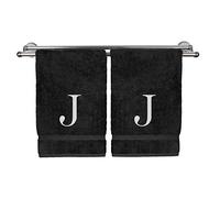 Monogrammed Hand Towel, Personalized Gift, Set of 2- White Block Letter Embroidered Towel - Extra Absorbent 100% Turkish Cotton - Soft Terry Finish - Initial J Black