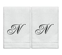 Monogrammed Towels Fingertip, Personalized Gift, 11 x 18 Inches - Set of 2- Black Embroidered Towel - Extra Absorbent 100% Cotton- Soft Velour Finish - For Bathroom/Kitchen/Spa- Initial N (White)
