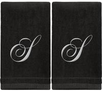 Monogrammed Towels Fingertip, Personalized Gift, 11 x 18 Inches - Set of 2 White Embroidered Towel - Extra Absorbent 100% Cotton - Soft Velour Finish - For Bathroom/Kitchen/Spa - Initial S (Black)