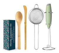 MONOJOY Electric Matcha Whisk Set 4 Pieces Matcha Making Kit Powder Mixer Electric Milk Frother Traditional Tea Scoop Chashaku, Spoon, Strainer, Durable Coffee Stirrers Maker Tools Gift