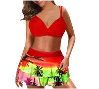 Monokinis for Women 2 Piece Hawaiian Tropical Print Swim Cami Bra and Ruffles Skirts Bathing Sets Beachwear 01 Red