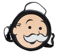 Monopoly Vegan Leather Round Crossbody Bag with Adjustable Straps, Mr Monopoly Face Applique Close Up Black