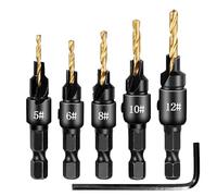 MonoSora 5 pcs Countersink Drill Bit and Reaming Tool Set, HSS 4241 Titanium Coated Hex Shank for Wood PVC Carbon Steel, 1/4 Inch Quick Change, Includes Sizes 5 6 8 10 12