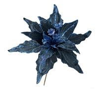 MonoSora Christmas Poinsettia Glitter Flower Ornament 28Cm Cloth And Plastic Hanging Decoration For Xmas Tree, Wreath Or Party Decor, Red(Dark Blue)
