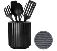 MONOSUGO Black Utensil Holder (H5.51” x W4.92”), Ceramic Utensil Crock, Cooking Spoon Holder for Kitchen, Spatula Holder for Counter, Includes Silicone Drying Mat, Black
