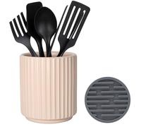 MONOSUGO Kitchen Holder for Cooking Utensils, Kitchen Crocks for Storing Utensils (H5.51” x W4.92”), Flatware & Utensil Storage Spoon Stand Ceramic, Includes Silicone Drying Mat Milk Tea Color