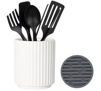 MONOSUGO Kitchen-utensil Crock, Ceramic Utensil Holder for Countertop, White Includes Silicone Drying Mat