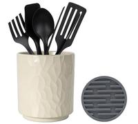 MONOSUGO Small Ceramic Utensil Holder for Kitchen Counter Countertop Cooking Utensil Cup Holder for Kitchen Crock for Utensils on Counter Includes Silicone Drying Mat Geometric Pattern Beige