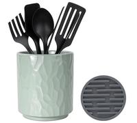 MONOSUGO Small Green Ceramic Utensil Holder for Kitchen Counter with Silicone Drying Mat and Drainage Hole