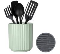 MONOSUGO Small Utensil Holder for Kitchen Counter (H5.51” x W4.92”) Ceramic Countertop Utensil Holder for Kitchen Utensils Crock for Countertop Includes Silicone Drying Mat Green