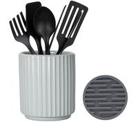 MONOSUGO Small Utensil Holder for Kitchen Counter (H5.51” x W4.92”) Ceramic Countertop Utensil Holder for Kitchen Utensils Crock for Countertop Includes Silicone Drying Mat Light Cadetblue