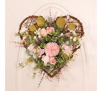 Monozoz Spring Wreath for Door, Artificial Silk Flower Wreaths Heart Shape with Eucalyptus and Rattan, Spring Wreaths with Chrysanthemum and Eucalyptus Wreaths, 30CM