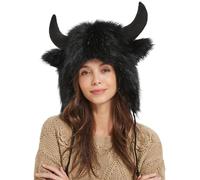 Monozoz Water Buffalo Hat, Plush Earflap Hat with Horns - Animal Hats, Ear, Furry Hat for Men and Women for Animal Cosplay, Halloween, Christmas, Outdoor Adventure, black, 1