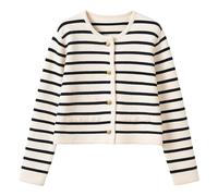 Monozoz Women's Black Striped Patch Pocket Cardigan, Long Sleeve, Round Neck, Autumn, Size 10.5