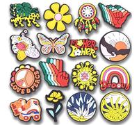 MONRADO 16PCS Peace & Love Shoe Charms, Retro 70s Groovy Hippie Floral Butterfly Rainbow Sun Shoe Decorations for Adults, Unisex Party Accessories, Birthday, Halloween & Christmas Gifts