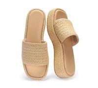 Monrovia Platform Sandals Women Raffia Espadrille Slides, Woven Straw Flatform Beach Sandals Women, Slip On Summer Vacation Shoes, Comfortable Casual Daily Wear, Apricot Knit, 5 UK
