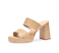 Monrovia Raffia Chunky Platform Heels for Women, Double Strap Square Open Toe Slip On Heels - Casual Beach Summer Heeled Sandals, Apricot Straw, 5.5 UK