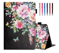 MonsDirect Case for iPad 9th Generation 10.2 inch iPad 8th 7th Generation 2021-2019, Suede Multi-Angle Stand Cover with Auto Wake/Sleep & Pen Holder & Card Slots for iPad 10.2/Pro 10.5", Black Peony