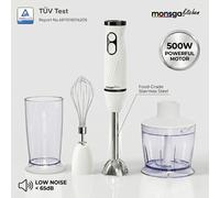Monsga 2-in-1 Hand Blender & Whisk Monsga S100, Ergonomic Stick Blender with Normal/Turbo Modes, Anti-Splash & Pan Protection, 500mL Chopper, 500mL Beaker, 1.5m Cable, Dishwasher Safe, Cream White