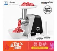 Monsga G100 Multifunctional Meat Grinder, 300W Electric Mincer with 1200W Max Power, Reverse Function & Cord Storage, Includes 3 Cutting Discs, Sausage Stuffer, Kibbeh & Cookie Maker for Home Kitchen